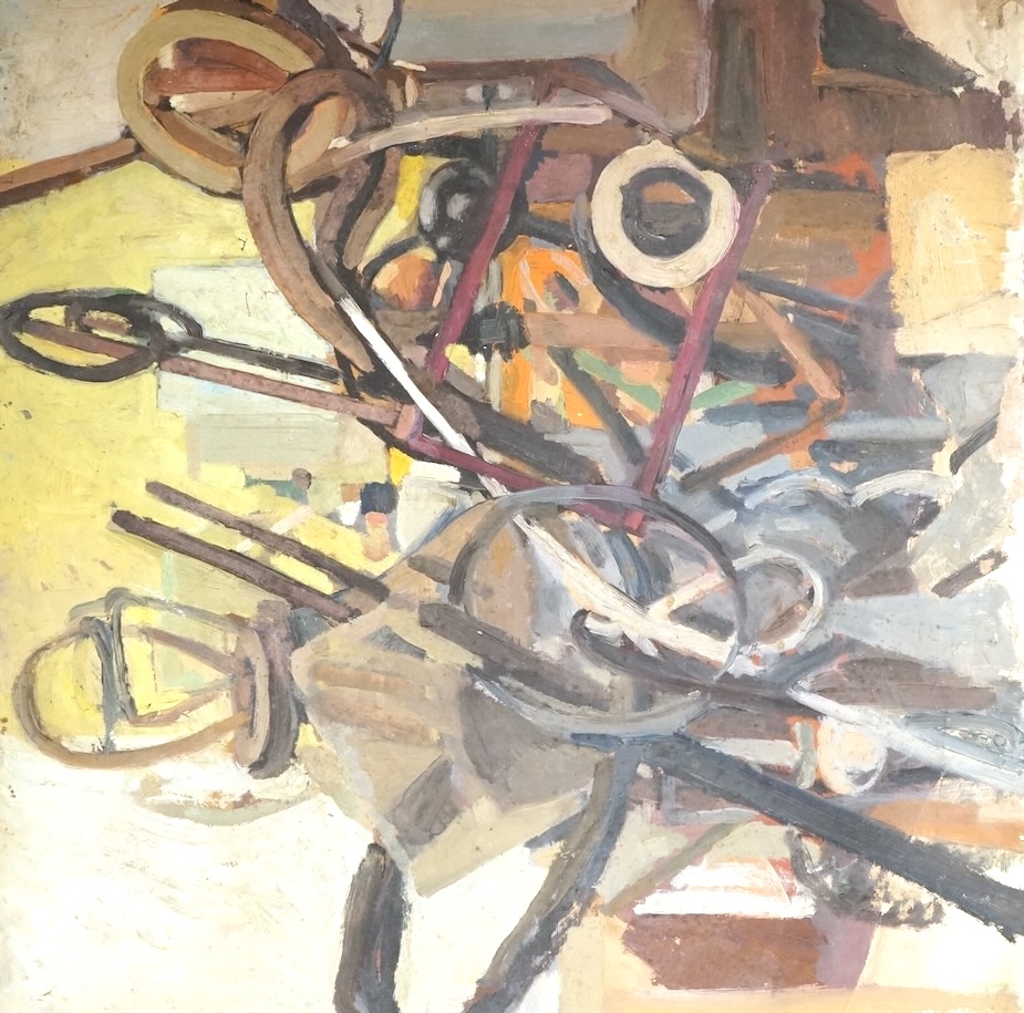 Modern British, Abstract composition, unsigned, oil on board, 61 x 61cm, unframed